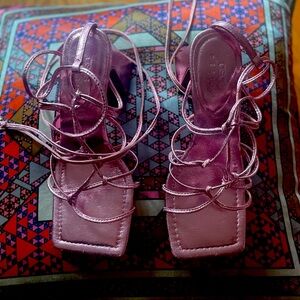 ASOS DESIGN Helene block sandals in pink metallic